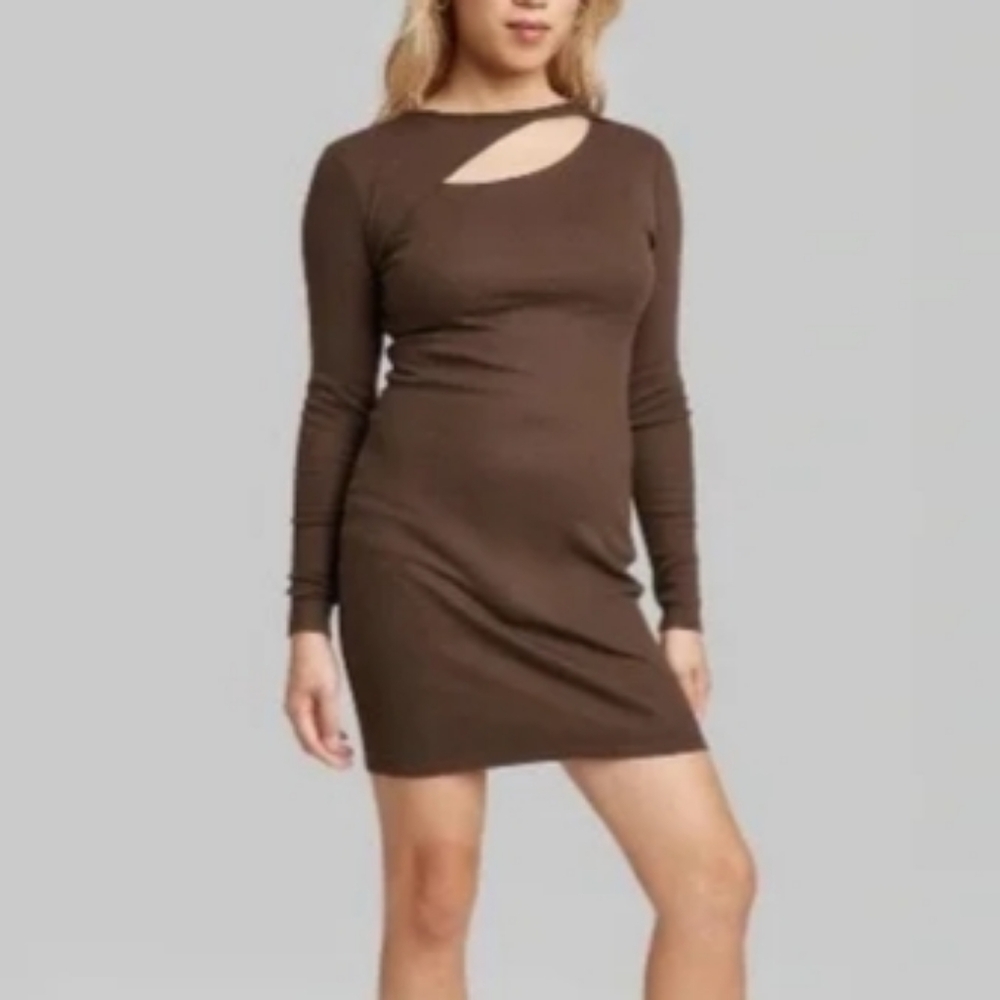 wild fable ribbed knit bodycon Brown cut out long sleeve mini dress XS